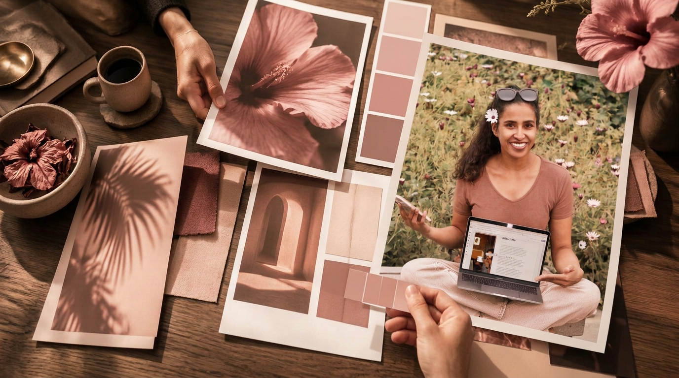 Leilani Spring with her laptop, pictured among soft pink hibiscus flowers and warm brown brand studies