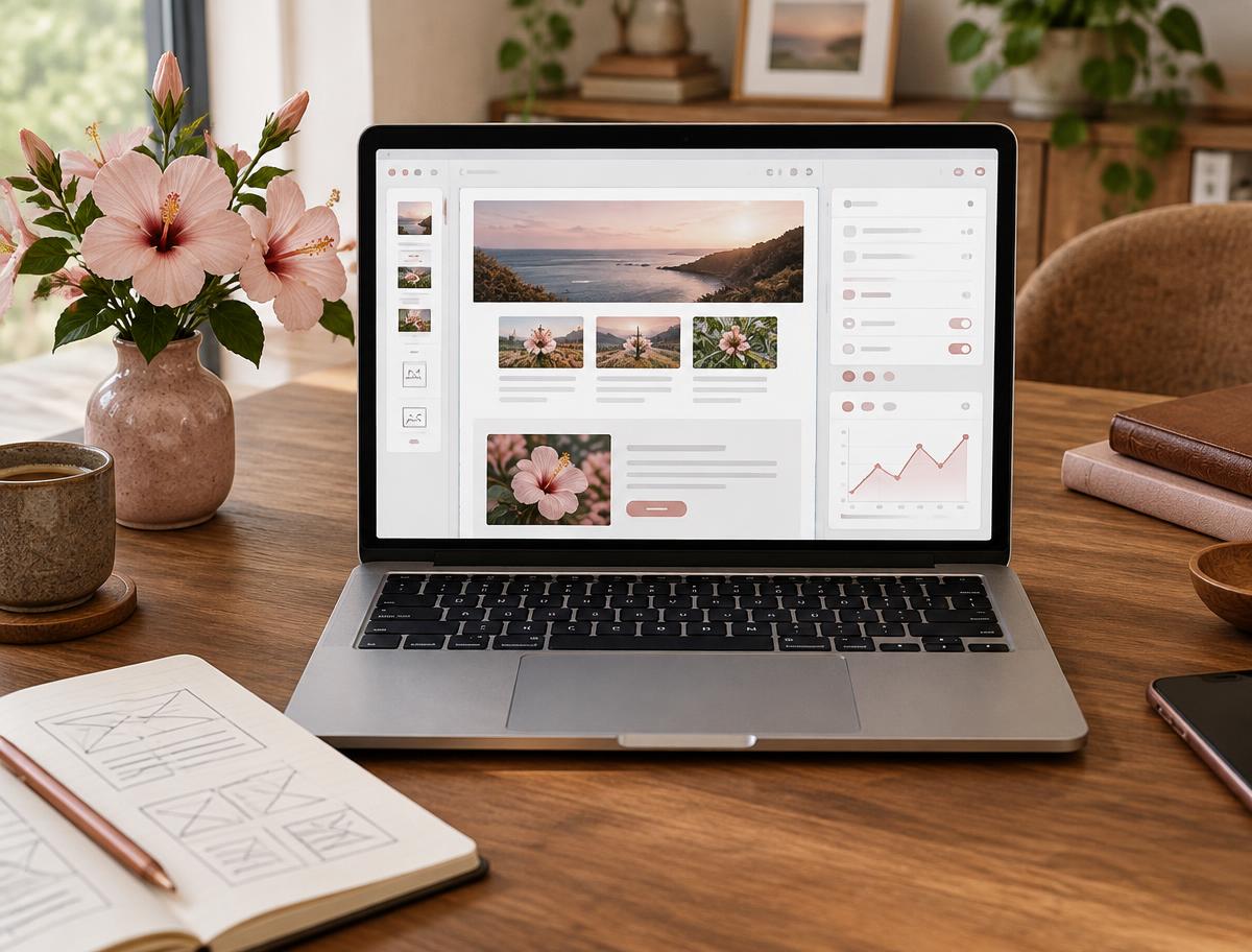 A website editing workspace with a laptop, analytics, and soft pink hibiscus flowers on a warm wooden desk